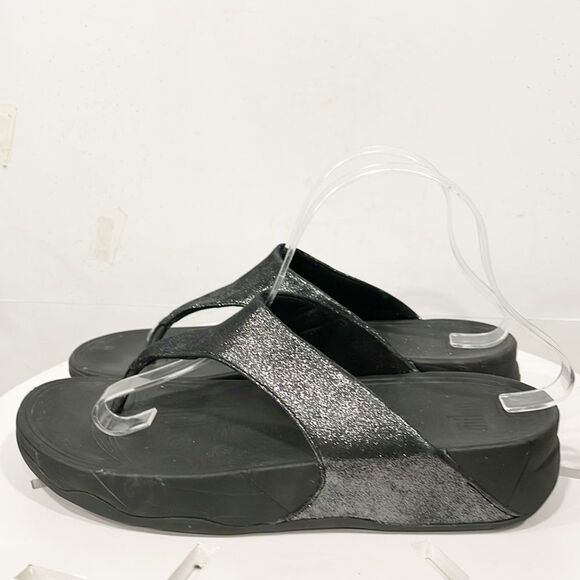 Fitflop Flatform Thong Sandals LuLu Women Sz 9 Black Shimmer - Picture 2 of 10